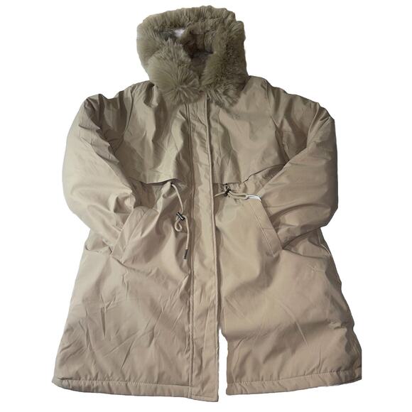 CHOUYATOU Beige Long‎ Coat With Detachable Fur Hat Band Size L New - Picture 4 of 10